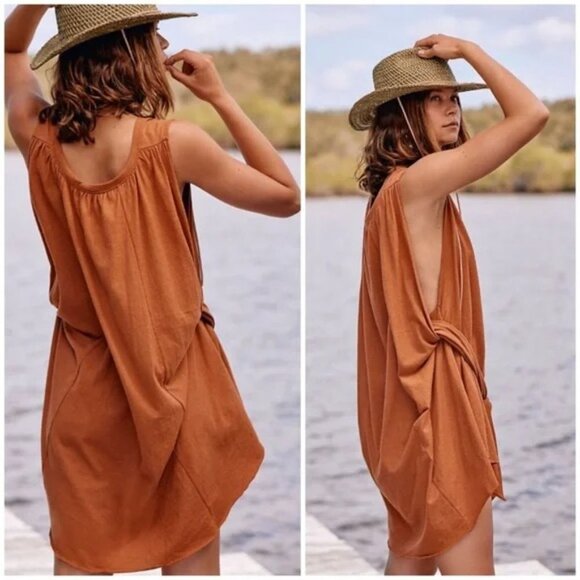Free People Terracotta Burnt Orange Rust Breezy Tie-Front Tunic Dress - Picture 2 of 10